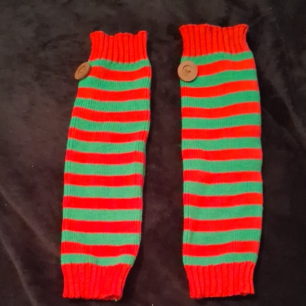 Red and Green Striped Leg Warmers with Button Detail